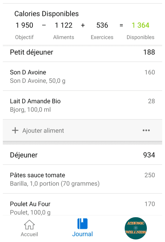 MyFitnessPal - journal des repas MyFitnessPal - ajout d'un aliment