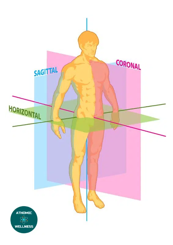 Schéma des plans anatomiques sagittal, coronal et horizontal dans l’espace – illustration Athomic Wellness Genève pour l’anatomie et le mouvement.